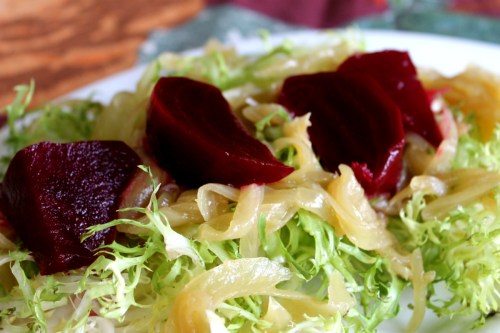 Frisee and caramelized onions with MM Local holiday beets | JL Fields | JLGoesVegan.com