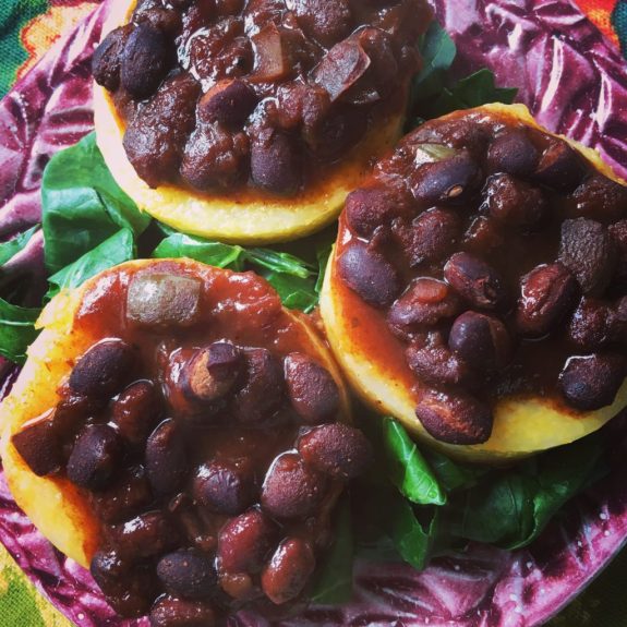 Real World Vegan Meal | Polenta Chili Cakes over Collard Greens by JL Fields | @jlgoesvegan