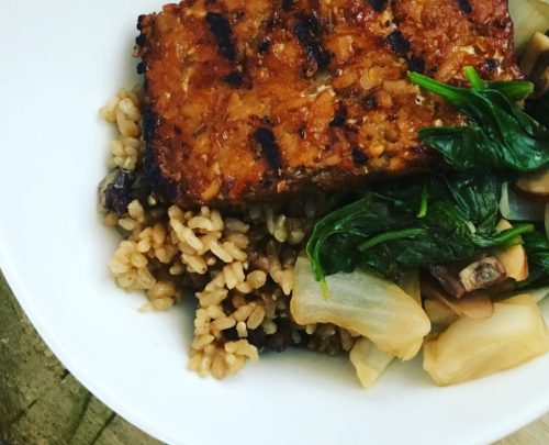 Grilled sesame teriyaki tempeh over mushroom rice and sauteed spinach | JL Fields @jlgoesvegan