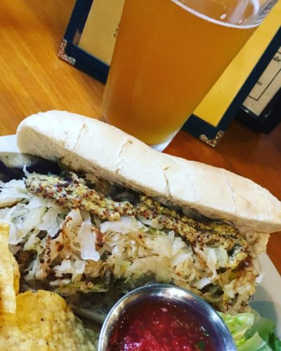 Vegan brat with sauerkraut | Eskes Brew Pub | Vegan Taos