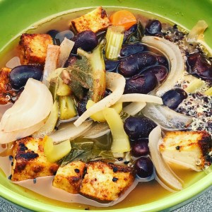 Leftover spicy bean soup with leftover quinoa and air fried tofu | @jlgoesvegan