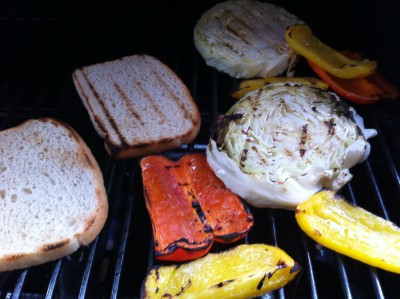 Grilled toast, peppers and cabbage